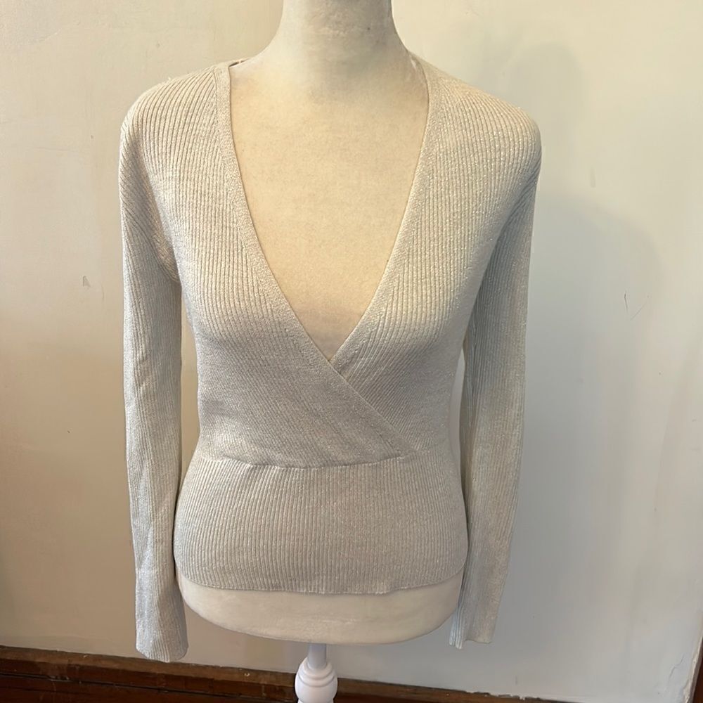 Pink Rose Silver Ribbed V-Neck Wrap Sweater